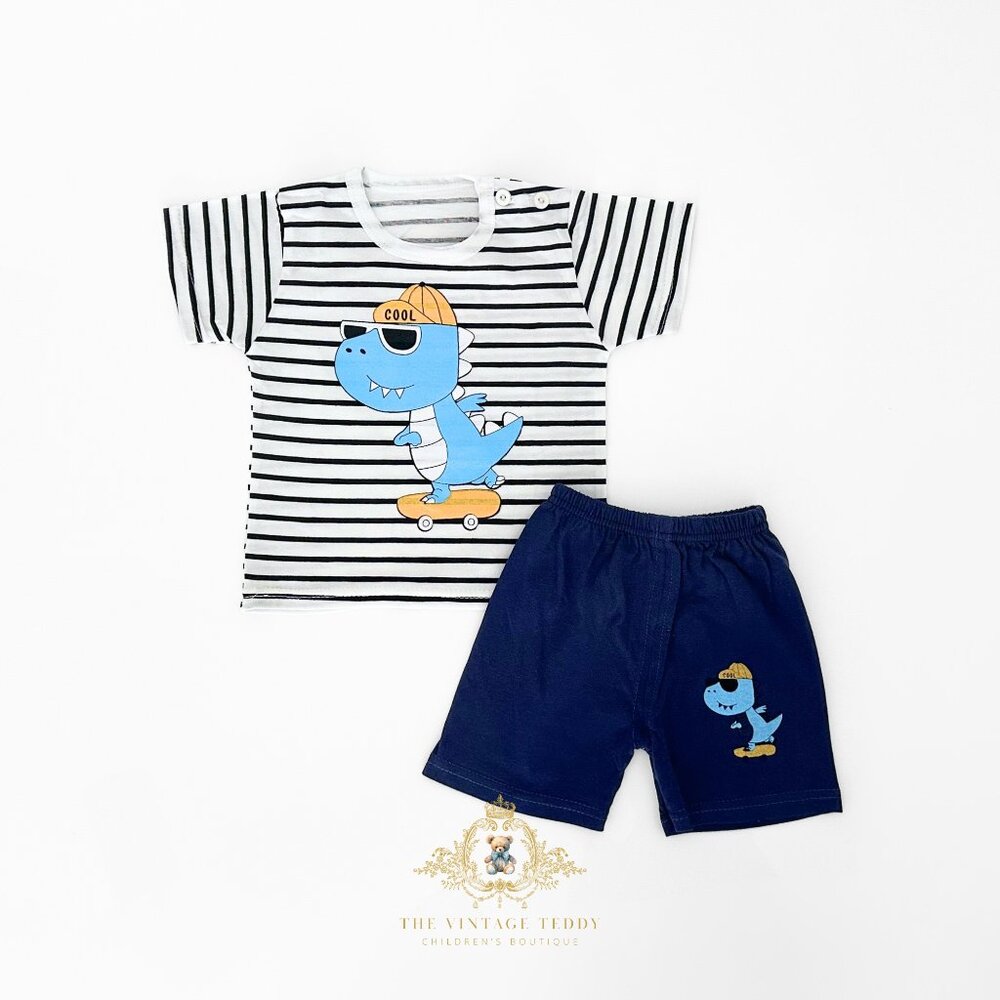 NWT Cute Boys Matching Set Kids T-shirt & Shorts 2-Piece Dino Skater Dude 2T